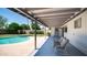 Covered patio offers seating and a view of the pool and landscaped backyard at 2139 W Obispo Ave, Mesa, AZ 85202