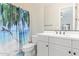 Clean bathroom featuring a palm tree shower curtain and white vanity with storage at 21912 E Desert Hills Dr, Queen Creek, AZ 85142