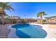 Backyard pool with stone surround and mature landscaping. A fence runs the perimeter at 2421 E Dragoon Ave, Mesa, AZ 85204