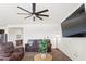 Comfortable living room featuring a ceiling fan, carpeted floors and a relaxing atmosphere at 24559 W Flores Dr, Buckeye, AZ 85326