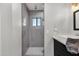 Modern bathroom features a glass-enclosed shower with gray tiling and a sleek vanity with a white vessel sink at 5112 E Cholla St, Scottsdale, AZ 85254