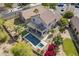 Aerial view of the property showcasing the pool, covered patio, and lush landscaping at 6847 S 27Th Pl, Phoenix, AZ 85042