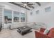 Inviting living room with a comfortable white sectional sofa, neutral rug, and shiplap walls creating a cozy atmosphere at 8127 E June St, Mesa, AZ 85207