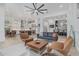 Open-concept living room showcasing modern furniture, seamless transitions to the kitchen and bar areas, and a sleek aesthetic at 8127 E June St, Mesa, AZ 85207