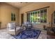 The backyard patio features neutral toned chairs and blue rug creating an intimate entertaining setting at 12325 S 179Th S Ave # 0, Goodyear, AZ 85338