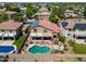 Aerial shot of a backyard featuring a kidney-shaped pool, fire pit, green grass and desert landscaping at 13965 N 135Th Dr, Surprise, AZ 85379