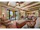 Elegant living room with beamed ceilings, comfortable seating, and seamless transition to outdoor living space at 22610 N 80Th Pl, Scottsdale, AZ 85255