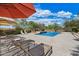 Resort-style pool area with lounge chairs, umbrellas, and a serene water feature surrounded by lush desert plants at 22610 N 80Th Pl, Scottsdale, AZ 85255