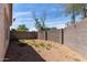 Backyard with a tall block wall and gravel ground cover surrounded by mature trees and blue skies at 3834 W Commonwealth Ave, Chandler, AZ 85226