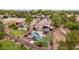 Aerial view of a backyard featuring a pool with a rock waterfall, putting green, and covered patio at 4152 S Bandit Ct, Gilbert, AZ 85297