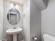 Clean powder room with modern pedestal sink, mirror, and brushed nickel fixtures at 1823 E Chelsea Ln # 106, Gilbert, AZ 85295