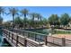 Scenic pond featuring a bridge, fountain, and lush landscaping with palm trees, creating a tranquil community space at 1823 E Chelsea Ln # 106, Gilbert, AZ 85295