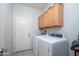 Functional laundry room with full-size washer and dryer, and convenient upper cabinets for storage at 19892 N Shadow Mountain Dr, Surprise, AZ 85374