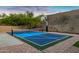 A blue tennis and basketball court with black net and basketball hoop in backyard at 14049 S 8Th St, Phoenix, AZ 85048