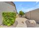 A serene backyard pathway showcases verdant landscaping, complemented by decorative rocks and a privacy wall at 6870 S Justin Way, Chandler, AZ 85249