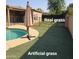 Beautiful backyard featuring artificial grass with a pool and patio area with a shade umbrella at 1308 S Spur --, Mesa, AZ 85204