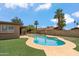 Private backyard pool area with mature palm trees and well-maintained artificial turf at 1308 S Spur --, Mesa, AZ 85204