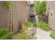 Landscaped walkway leading to the front door, surrounded by mature trees and desert foliage at 19550 N Grayhawk Dr # 2023, Scottsdale, AZ 85255
