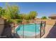 Backyard pool is surrounded by beautiful green trees and safety fence at 22184 N 101St Dr, Peoria, AZ 85383