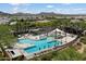 Aerial view of a modern community pool with palm trees, lounge areas, and mountain views at 2821 E Cashman Dr, Phoenix, AZ 85050