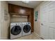 Functional laundry room with front load washer and dryer and storage cabinets at 1927 E Ranch Rd, Tempe, AZ 85284