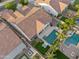 Aerial view of a beautiful house featuring a pool and lounge area in a well-maintained backyard at 19905 E Apricot Ln, Queen Creek, AZ 85142