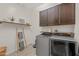 Efficient laundry room with modern washer and dryer, upper cabinets, and decorative ladder at 19905 E Apricot Ln, Queen Creek, AZ 85142