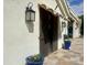 Stylish entryway with blue potted plants, stucco walls, and awning-covered entrance at 2041 W Hemlock Way, Chandler, AZ 85248
