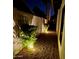 Illuminated side yard landscaping featuring bushes, stone ground cover, privacy wall, and accent lighting at 5919 S Newberry Rd, Tempe, AZ 85283