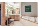 Luxurious bathroom features vanity with decorative mirror and soaking tub with decorative tile surround at 15802 N 71St St # 657, Scottsdale, AZ 85254