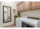 This laundry room features front-load appliances, built-in shelving, decorative planters, and a large framed mirror at 15802 N 71St St # 657, Scottsdale, AZ 85254