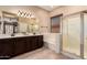 Bathroom features a double sink vanity, shower, tub, and earth tone color palette at 16837 W Northampton Rd, Surprise, AZ 85374