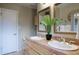 Bathroom featuring dual sinks, wood cabinets, and a decorative house plant on the countertop at 4008 N 85Th St, Scottsdale, AZ 85251