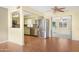 A view of the kitchen with granite countertops, stainless steel appliances, and tile floors at 612 N Recker Rd, Mesa, AZ 85205