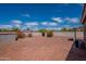 The backyard has desert landscaping, a block wall, and a shed at 14244 N 132Nd Ln, Surprise, AZ 85379