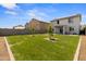 Large backyard with green grass, block wall, young trees, and shade space behind the house at 16956 W Alice Ave, Waddell, AZ 85355