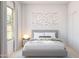 Bright bedroom with a grey bed frame, a colourful dot painting and natural light from the large window at 23443 W Albeniz Pl, Buckeye, AZ 85326