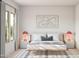 Serene bedroom features neutral colors, a decorative rug and modern lighting and decor at 23443 W Albeniz Pl, Buckeye, AZ 85326
