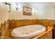 Bathroom showcasing a large soaking tub with stone accents, neutral paint, and decorative lighting at 25829 S Mandarin Dr, Queen Creek, AZ 85142