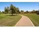 Paved walking path winds through a manicured lawn with mature trees in a residential community at 8943 N 80Th Pl, Scottsdale, AZ 85258