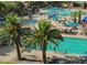 Stunning resort-style community pool with inviting turquoise water, lush palms, and ample seating for residents to relax and enjoy at 29798 N 121St Dr, Peoria, AZ 85383