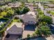 Aerial view featuring a home with a detached garage, lush landscaping, an outdoor kitchen, and a well-manicured lawn at 3949 E Norcroft Cir, Mesa, AZ 85215