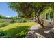 Lush backyard with mature trees, green grass, and a stone pathway leading to an outdoor gazebo, creating a serene retreat at 3949 E Norcroft Cir, Mesa, AZ 85215
