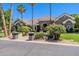 Attractive single-story stone home with lush landscaping, tall palm trees, and a circular driveway at 3949 E Norcroft Cir, Mesa, AZ 85215