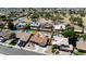 Aerial shot featuring neighborhood street layout, houses, swimming pools, landscaping, and mature trees at 6457 E Encanto St, Mesa, AZ 85205