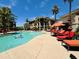 Relaxing community pool area surrounded by comfortable lounge chairs, umbrellas, and palm trees at 7601 E Indian Bend Rd # 1049, Scottsdale, AZ 85250