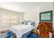 Bedroom features a white bed with blue accents, a desk, and a window with shutters at 2201 N Central Ave # 3D, Phoenix, AZ 85004