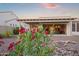 Enjoy this covered patio with desert landscaping and colorful flowers at 3020 N 165Th Ave, Goodyear, AZ 85395