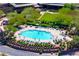 Overhead shot of a community pool with crystal clear water and neatly arranged lounge seating and desert foliage at 42037 N Bradon Way, Phoenix, AZ 85086