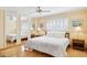 Comfortable bedroom with hardwood floors, ceiling fan and a window with plantation shutters and a mirrored closet at 4711 S Los Feliz Dr, Tempe, AZ 85282